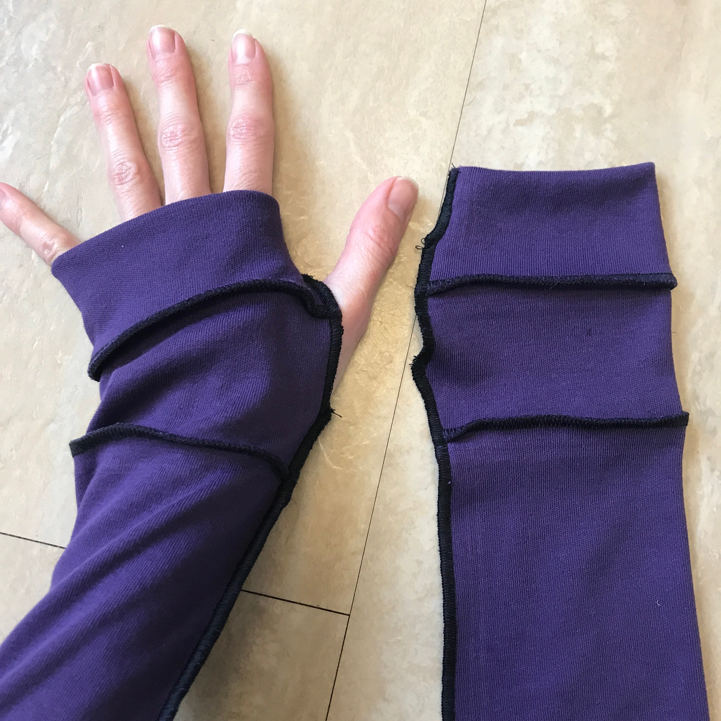 Upcycled Long Striped Gloves Purple Hand Warmers Black