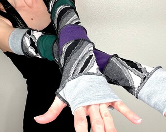 Patchwork Gloves Purple Arm Warmers Black Driving Sleeves Eczema Elbow Covers Striped Arm Socks Upcycled Fingerless Cuffs - TRIXY XCHANGE