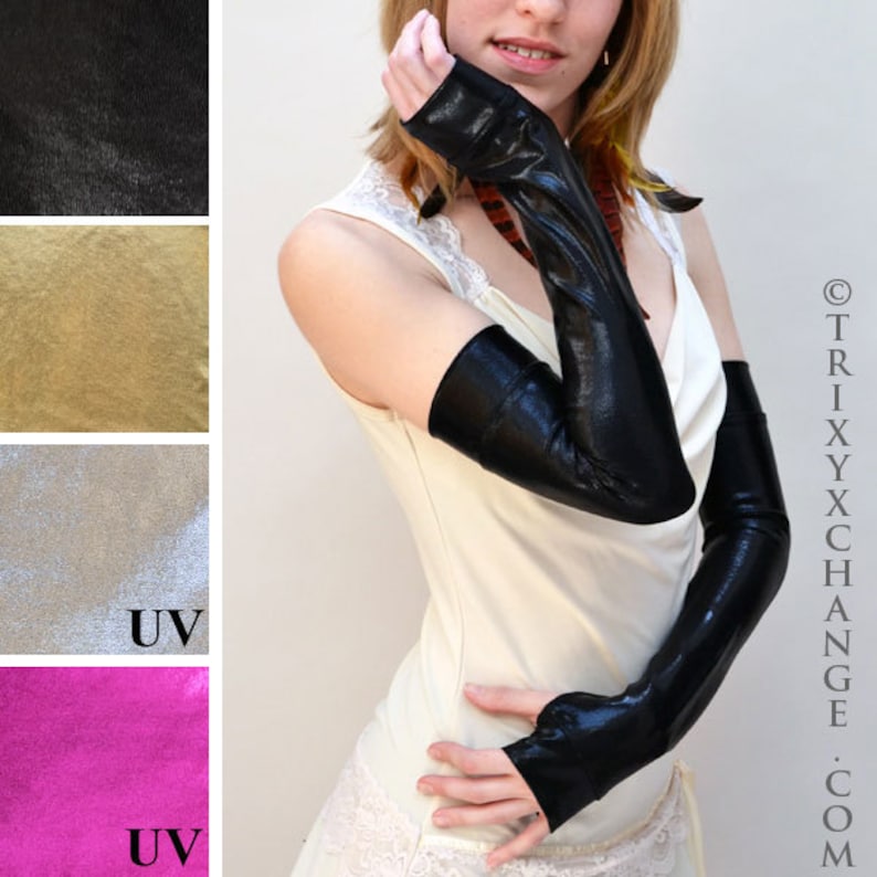 TRIXY XCHANGE Long Black Gloves Long Wet Look Gloves Black PVC Gloves Long Vinyl Gloves Long Black Arm Warmers Long Black Fingerless Gloves