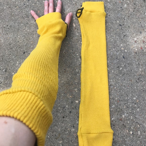 Long Mustard Yellow Sweater Arm Warmers Vintage Look Fingerless Gloves Knit Armwarmers Compression Sleeves Full Arm Length - TRIXY XCHANGE