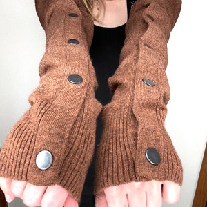 Wool Arm Warmers Brown Snap Sweater Knit Fingerless Gloves Over the Elbow Arm Socks Steampunk Shirt Footless Socks Driving - TRIXY XCHANGE