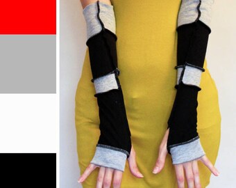 Black Patchwork Gloves Cotton Arm Warmers Gray Sleeves Grey Armwarmers Goth Gloves Tattoo Covers Striped Mens Womens Bartender TRIXY XCHANGE