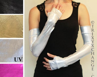 Long Silver Arm Warmers Stretchy Fingerless Gloves Long Gloves Silver Elbow Fingerless Gloves Cosplay Costume Gloves Anime Diy TRIXY XCHANGE