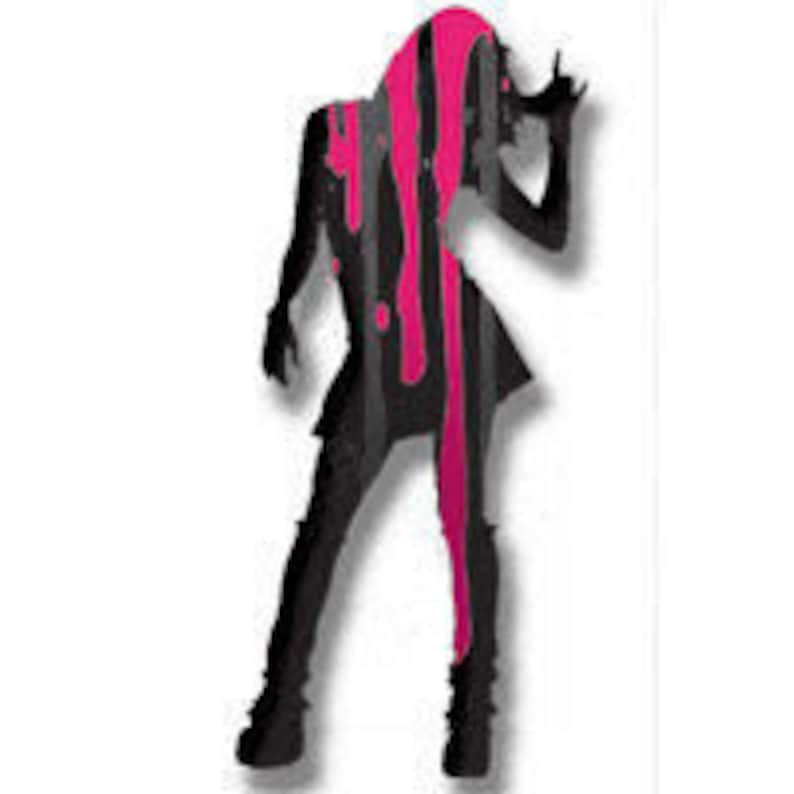 May include: A graphic sticker featuring a black silhouette of a person standing with one arm raised in a rock and roll gesture. The figure is overlaid with vertical gray stripes and a vibrant hot pink paint drip effect running down the center.