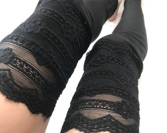 Black Lace Thigh Highs Handmade Knee Socks Gothic Otk Socks Womens Lace Stockings Floral Leggings Stretchy Legwarmers Gift - Trixy Xchange