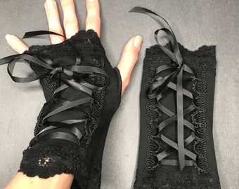 Renaissance-Jahrmarkt Kostüm Schwarze Korsett Handschuhe Schwarze Handschuhe zum Schnüren Gothic Handschuhe Goth Armstulpen Fingerlose Handschuhe Hochzeit - TRIXY XCHANGE