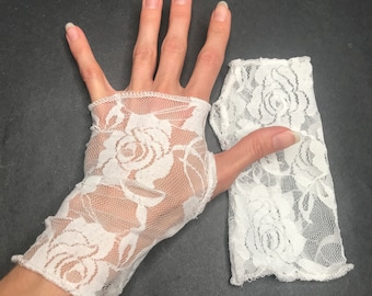 Bride Costume Womens Halloween Outfit White Lace Gloves Bridal Fingerless Gloves Lacey Short Black Hand Covers Arm Wrist Cuffs TRIXY XCHANGE