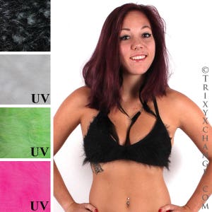 Black Fur Bikini Green Fur Crop Top Cropped Strappy Swimsuit White Fur Bra Pink Fur Top Cosplay Costume Festival Clothing - TRIXY XCHANGE