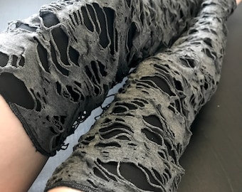 Gray Mummy Leg Warmers Womens Black Stockings Over the Knee Socks Cut Out Thigh Highs Shredded Zombie Costume Ladies Cosplay - TRIXY XCHANGE