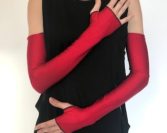 Long Red Gloves Cosplay Costume Gloves Red Spandex Arm Warmers Stretchy Arm Sleeves Elbow Length Armwarmers Wet Look Gloves - TRIXY XCHANGE