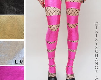 Pink Leggings Metallic Leg Warmers Cut Out Pants Slashed Spandex Leggings Holographic Clothing Cyber Goth Pink Latex Pants - TRIXY XCHANGE