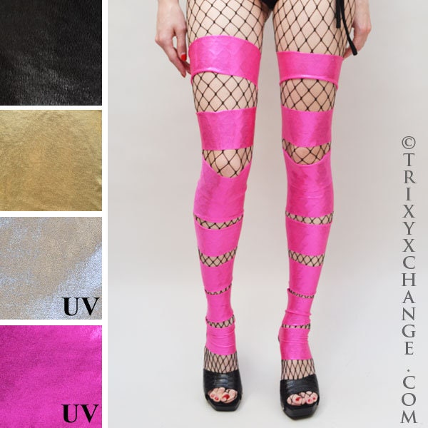 Pink Leggings Metallic Leg Warmers Cut Out Pants Slashed Spandex Leggings Holographic Clothing Cyber Goth Pink Latex Pants - TRIXY XCHANGE