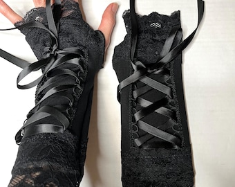 Short Corset Gloves Lace Up Arm Warmers Black Arm Cuffs Victorian Romantic Fairy Renaissance Costume Masquerade Costume - TRIXY XCHANGE