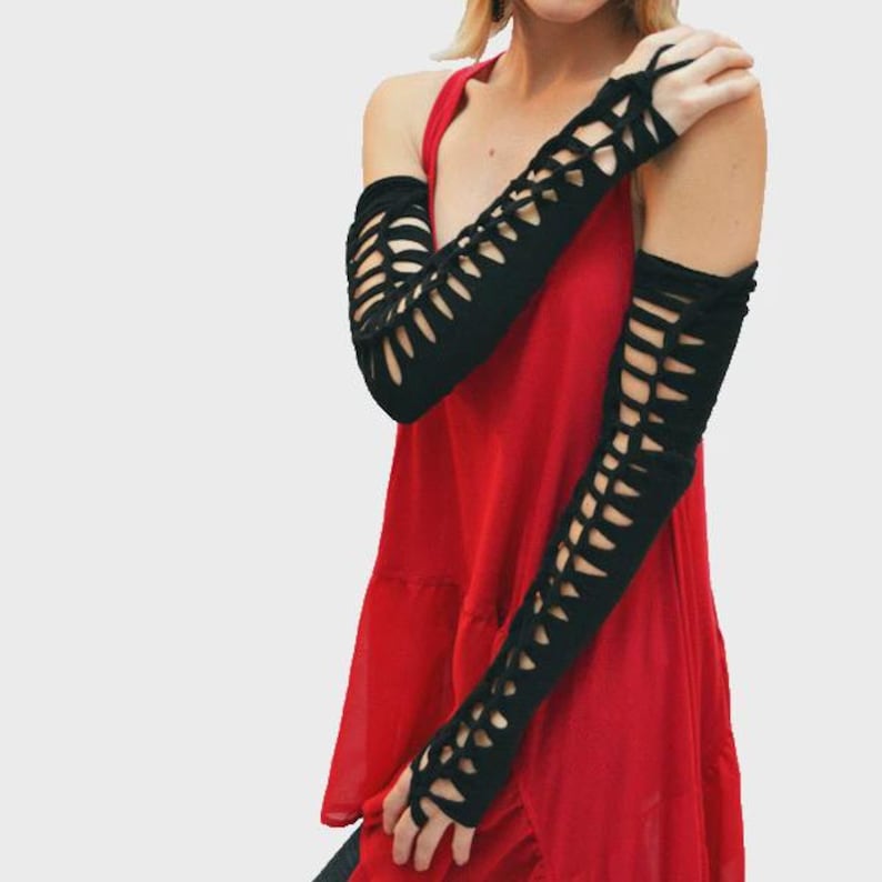 Alien Cosplay Costume White Reptile Gloves Post Apocalyptic Clothing Apocalypse Clothes Corset Arm Warmers Lace Up Cut Out - TRIXY XCHANGE Black