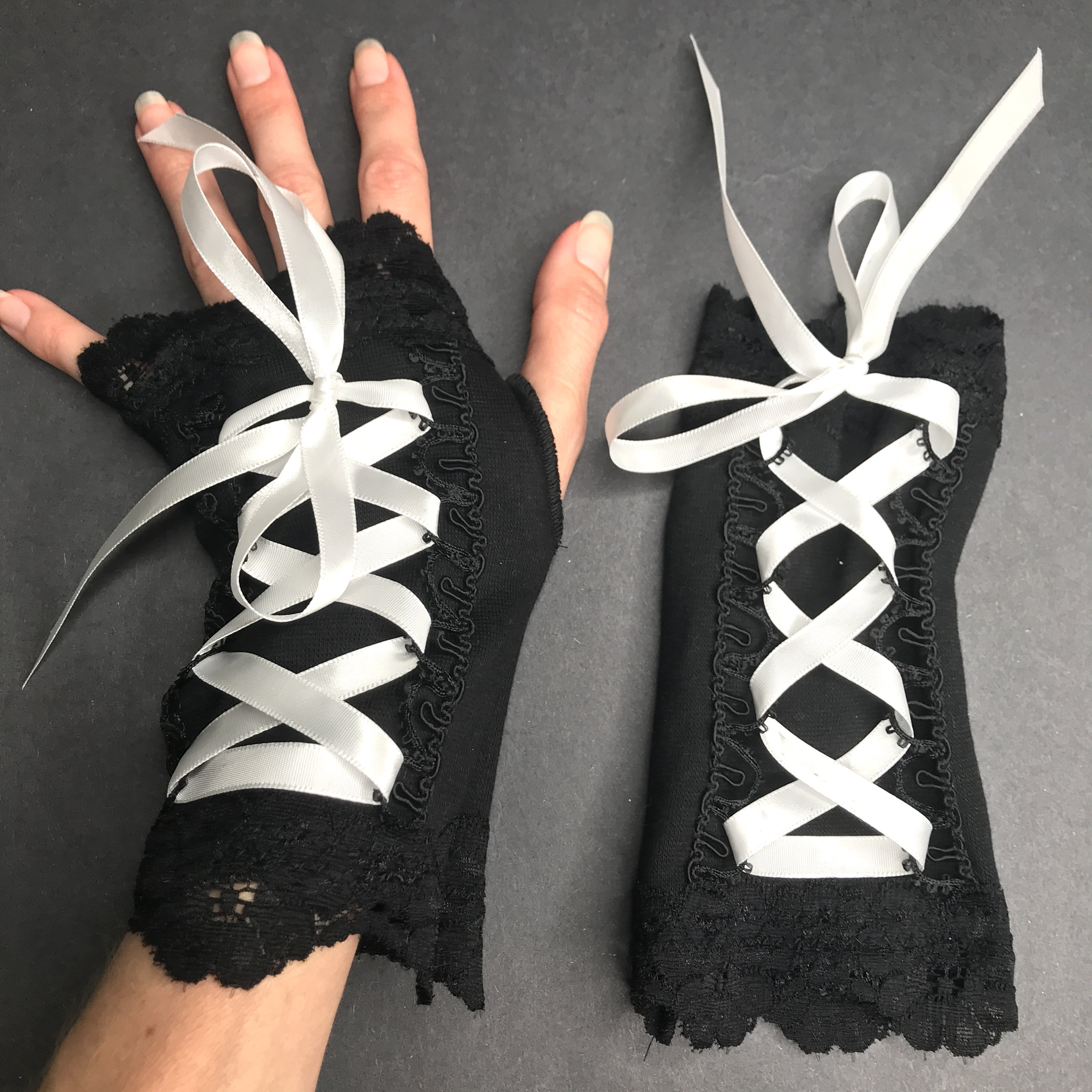 Neon Green Corset Gloves Black Lace up Arm Bands Fingerless Hand