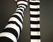 Long Arm Warmers Finger Holes Striped Gloves Black