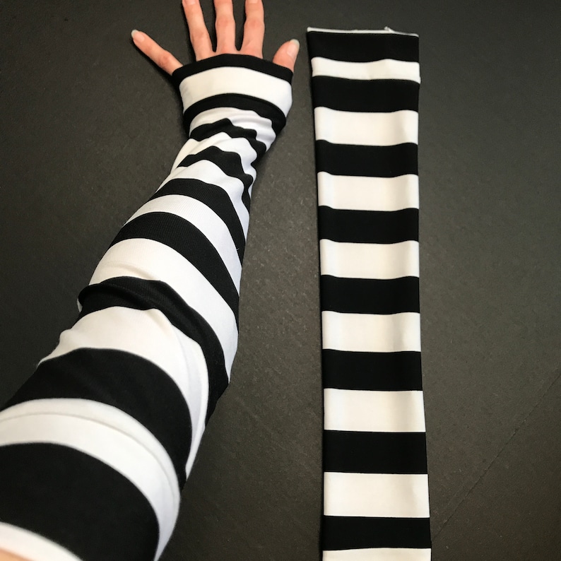 Long Arm Warmers Finger Holes Striped Gloves Black Armwarmers White Hand Warmers Circus Gloves Clothing Pirate Costume TRIXY XCHANGE image 5