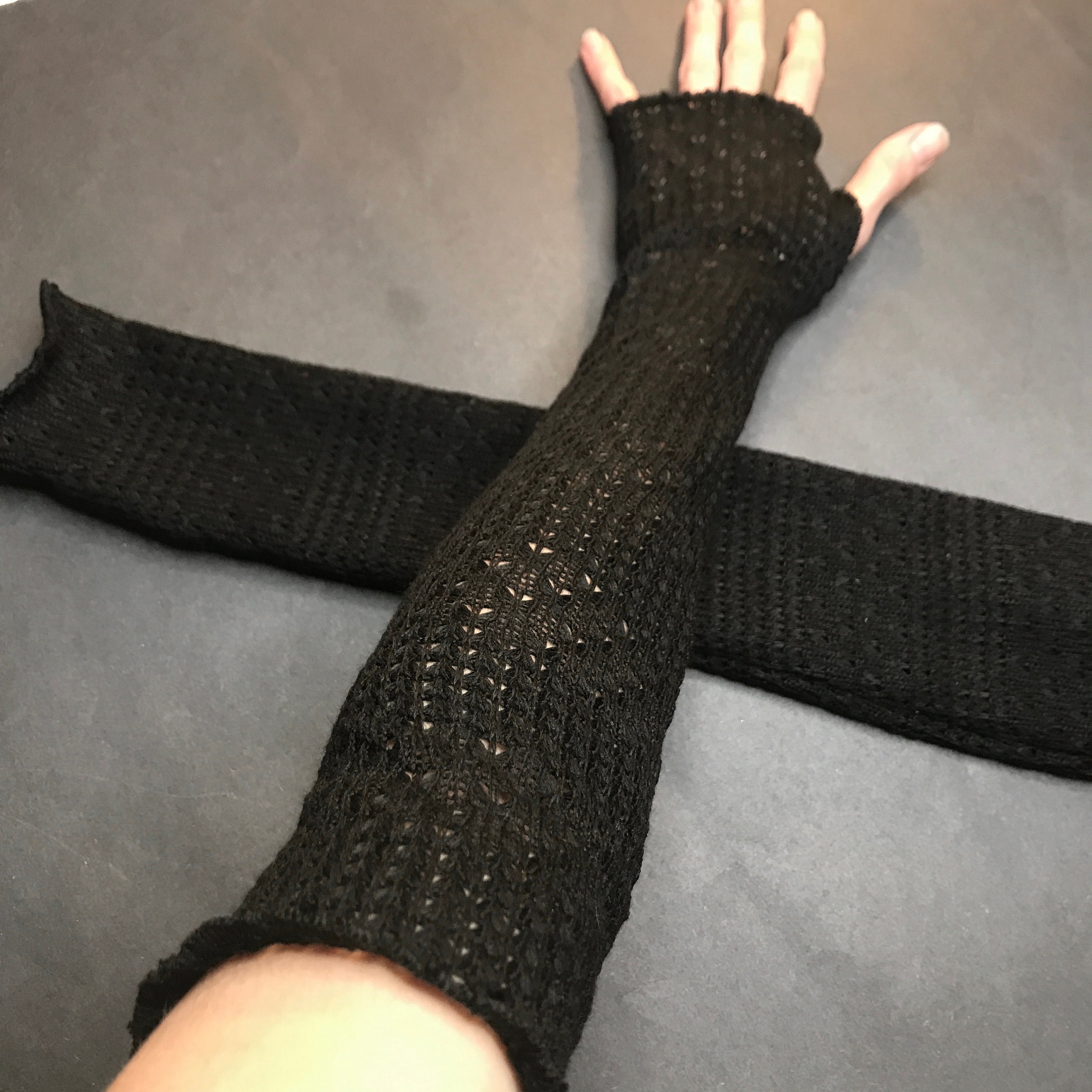 TrixyXchangeDotCom Trixy Xchange - Black Sweater Gloves Open Knit Armwarmers Crochet Arm Sleeves Soft Arm Warmers Hand Covers Handmade Gothic Steampunk Fashion