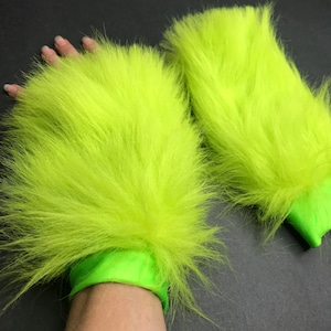 Long Neon Green Fur Gloves White Fur Arm Cuffs Cosplay Costume Pink Fur Arm Bands Black Halloween Animal Costume Rave Cyber - TRIXY XCHANGE
