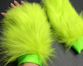 Long Neon Green Fur Gloves White Fur Arm Cuffs Cosplay Costume Pink Fur Arm Bands Black Halloween Animal Costume Rave Cyber - TRIXY XCHANGE