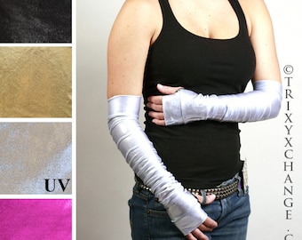 Silver Metallic Gloves Long Silver Arm Covers Shiny Arm Warmers Stretchy Sleeves Spandex Fingerless Gloves Pvc Cosplay Gloves TRIXY XCHANGE