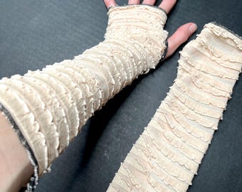 Vintage Fingerless Gloves Bandage Arm Covers Elbow Length Mummy Bride Halloween Costume Ruffle Arm Warmers Sheer Cream TRIXY XCHANGE