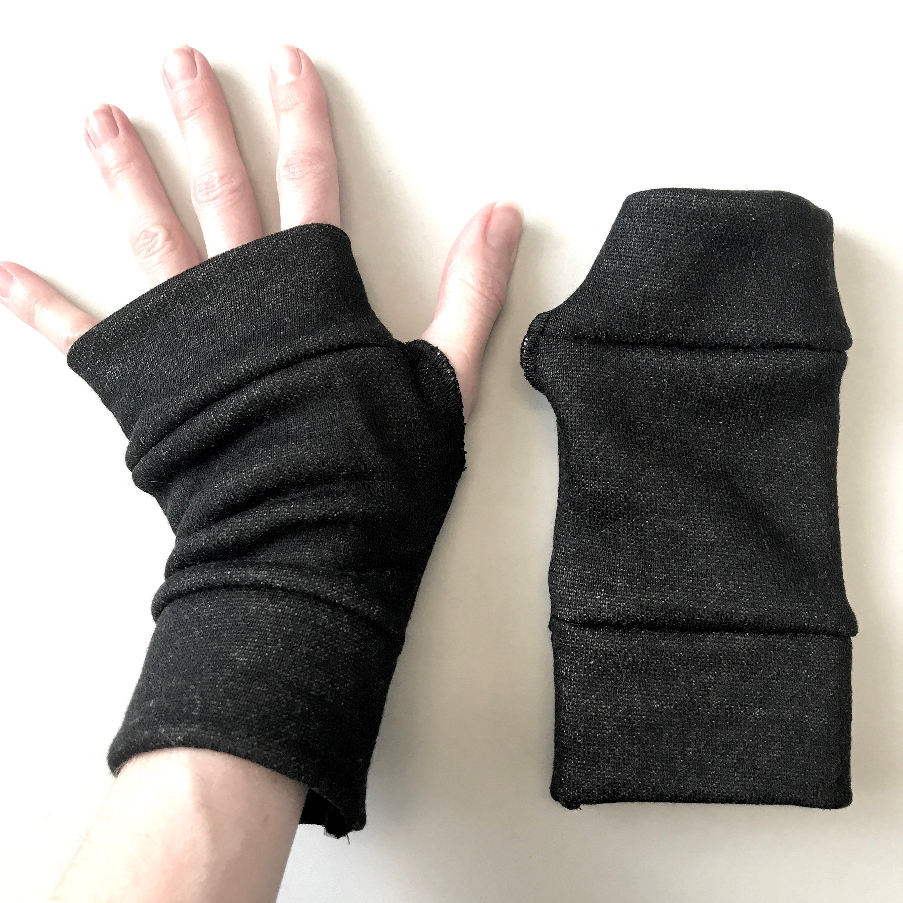 Black Arm Sleeves Mens Fingerless Gloves Fleece Hand Warmers Wrist