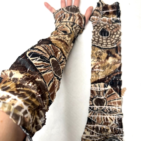 Brown Mummy Arm Warmers Womens Bandage Gloves Apocalypse Clothing Leopard Print Ankara Fabric Black Arm Sleeves Earthy Rustic TRIXY XCHANGE