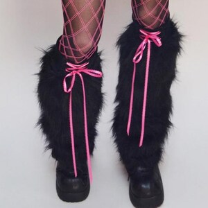 Black Corset Leggings White Lace Up Leg Warmers Womens Pants Fuzzy Boot Covers Vegan Fur Legwarmers Clubwear Rave Clothing Psy TRIXY XCHANGE