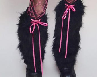 Black Corset Leggings White Lace Up Leg Warmers Womens Pants Fuzzy Boot Covers Vegan Fur Legwarmers Clubwear Rave Clothing Psy TRIXY XCHANGE