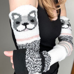 Dog Gloves Black Upcycled Arm Warmers Gray Patchwork Arm Sleeves Fuzzy Soft Driving Gloves Animal Gift Pug Bulldog Pitbull - TRIXY XCHANGE