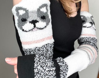 Dog Gloves Black Upcycled Arm Warmers Gray Patchwork Arm Sleeves Fuzzy Soft Driving Gloves Animal Gift Pug Bulldog Pitbull - TRIXY XCHANGE