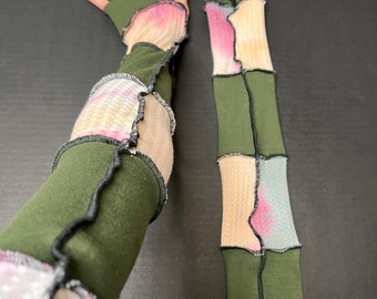 Upcycled Long Arm Warmers Green Striped Gloves Pink Patchwork Arm Sleeves Bug Arm Covers Festival Rave Wear Cottagecore 80's - TRIXY XCHANGE