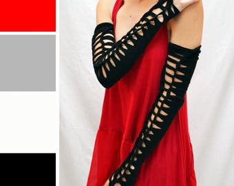 Opera Length Gloves Loop Gloves Interlaced Gloves Cut Out Sleeves Lace Up Armwarmers Black Arm Warmers White Corset Red Gray TRIXY XCHANGE