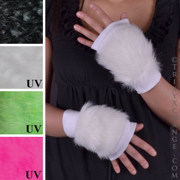 White Fur Gloves Black Fur Arm Cuffs Pink Arm Covers Green Fluffies Fur Wristbands Festival Clothing Halloween Costume Cosplay TRIXY XCHANGE