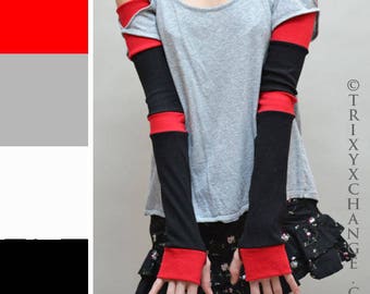 Red Gloves Cotton Patchwork Gloves Red Striped Gloves Extra Long Black Arm Warmers Black Armwarmers Cotton Arm Sleeves Covers TRIXY XCHANGE