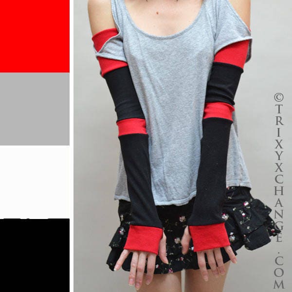 Red Gloves Cotton Patchwork Gloves Red Striped Gloves Extra Long Black Arm Warmers Black Armwarmers Cotton Arm Sleeves Covers TRIXY XCHANGE