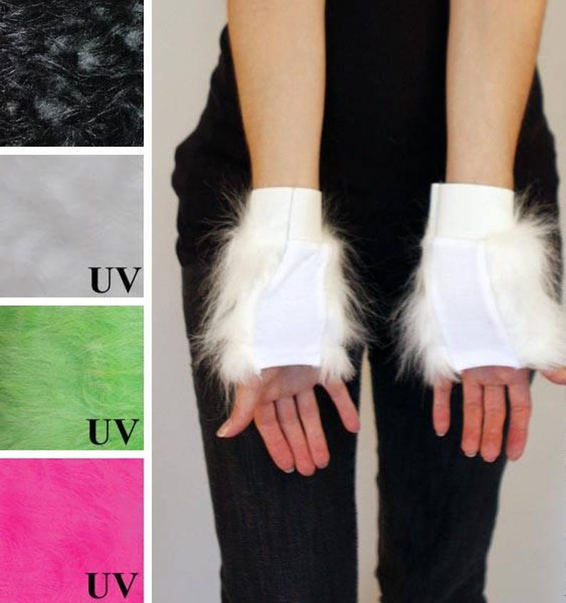 May include: A pair of white fingerless gloves featuring long faux fur trim around the wrist and a smooth fabric palm section. The image includes color swatches of black, white, neon green, and hot pink faux fur, with UV labels on select swatches.