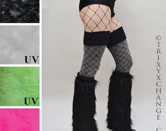 Black Fur Leg Warmers Womens Cosplay Pants Mens Fuzzy Chaps White Furry Legwarmers Pink Boot Covers Neon Green Cyber Punk - TRIXY XCHANGE