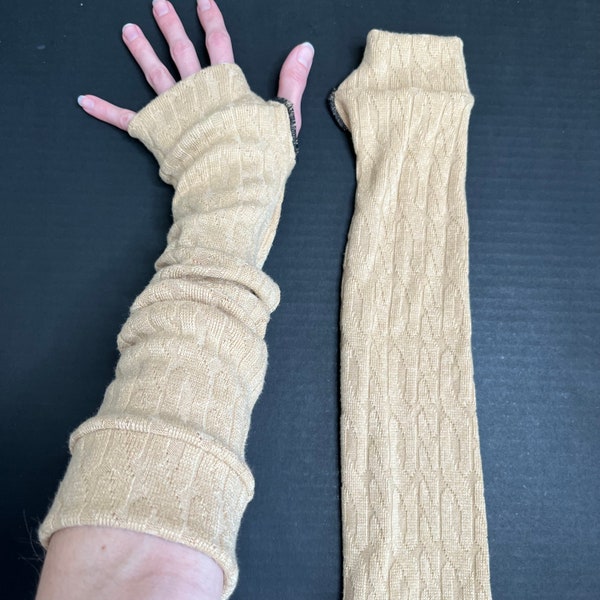 Handmade Fingerless Gloves Yellow Sweater Knit Arm Warmers Cable Knit Handwarmers Full Length Arm Sleeves Over the Elbow Cover TRIXY XCHANGE