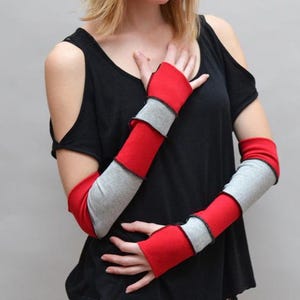 Patchwork Gloves Striped Hand Warmers Cotton Gloves Long Arm Warmers Black Fingerless Gloves Red Arm Sleeves Driving Gloves - TRIXY XCHANGE