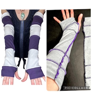 May include: A pair of arm warmers featuring horizontal stripes in deep purple and white, with thumb holes. A second pair of arm warmers in heather gray fabric features exposed purple stitching along the seams and a thumb hole design.