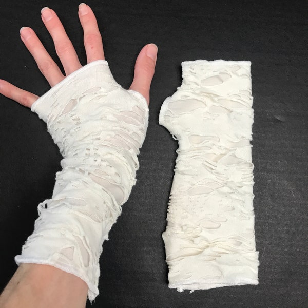 Gants de momie blancs, costume fantôme, couvre-mains pour hommes, bandage crème, couvre-bras, tenue de zombie, chauffe-mains déchirés, cosplay grunge - TRIXY XCHANGE