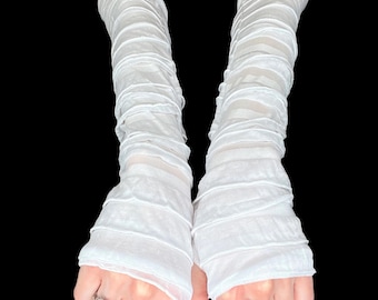 White Straight Jacket Bandage Arm Covers Mummy Bride Halloween Costume Ruffle Fingerless Gloves Striped Arm Warmers - TRIXY XCHANGE