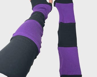 ORGANIC COTTON Long Striped Gloves Purple Hand Warmers Black Armwarmers Patchwork Arm Sleeves Sun Protection UV Scar Covers - Trixy Xchange