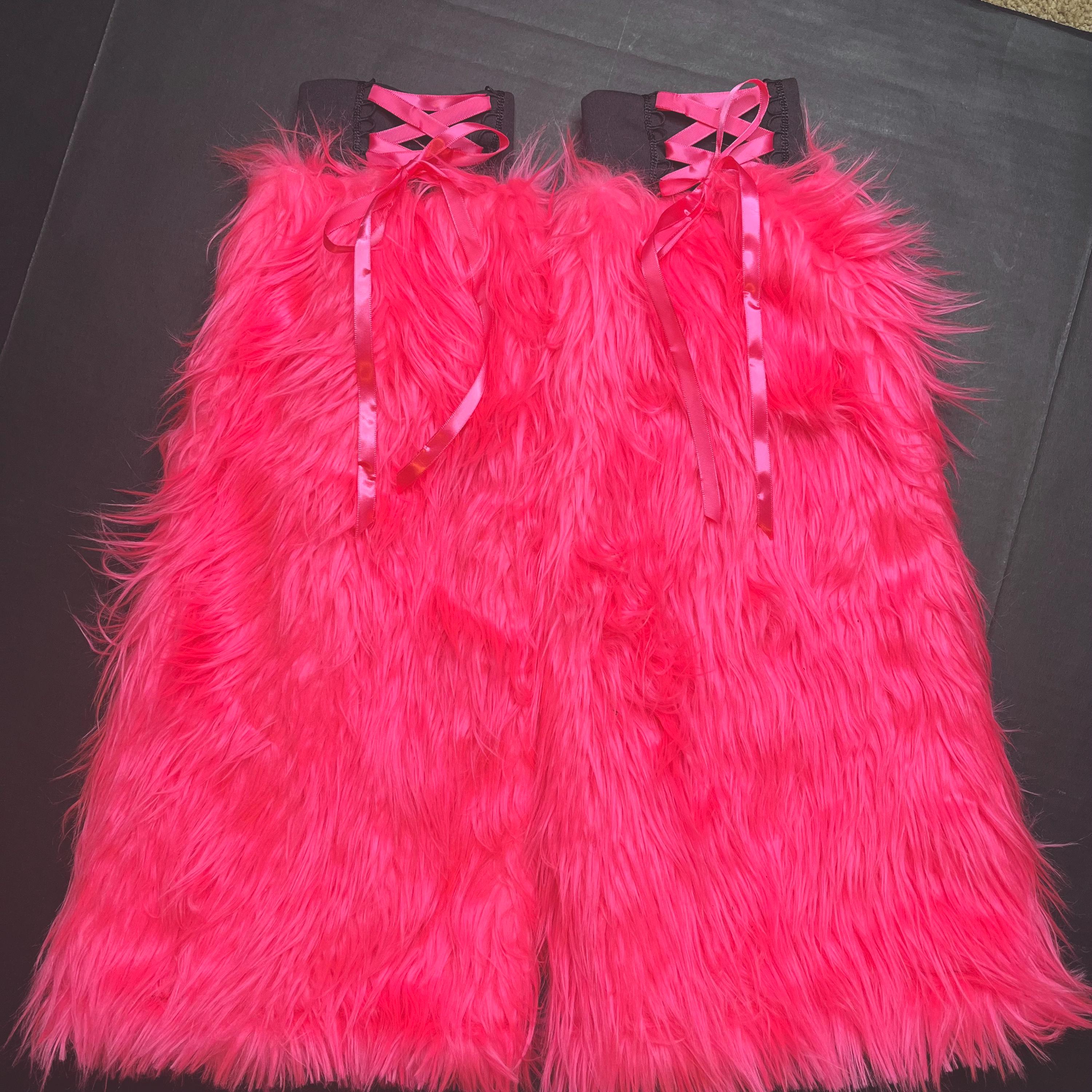 Hot Pink Corset Leg Warmers Lace up Pants Fuzzy Boot Covers Black Fur ...