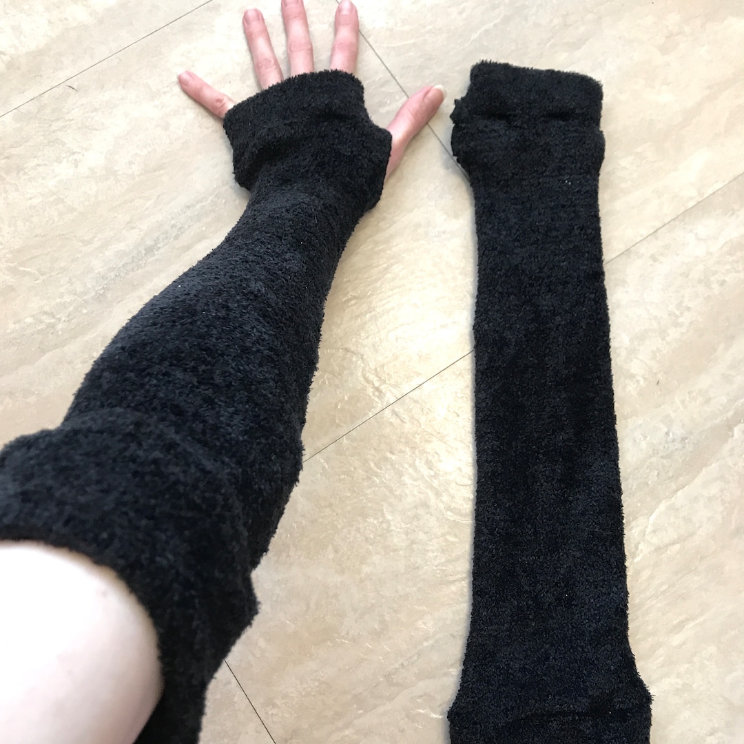 Long Black Fuzzy Arm Warmers Fur Sherpa Gloves Arthritis Etsy