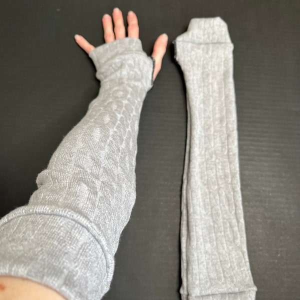 Handmade Fingerless Gloves Gray Sweater Knit Arm Warmers Cable Knit Handwarmers Full Length Arm Sleeves Over the Elbow Covers TRIXY XCHANGE