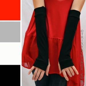 Red Cotton Fingerless Gloves Black Arm Warmers Red Driving Gloves White Sun Protection Elbow Length Arm Sleeves Thumb Holes TRIXY XCHANGE Black