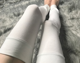 Womens Cotton Leg Warmers White Legwarmers Thigh High Socks Goth Clothing Ladies Leggings Knee Highs Long Stockings Plus Size TRIXY XCHANGE